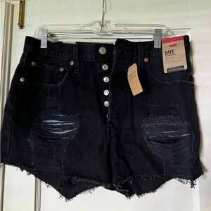 Levi’s 501 distressed black shorts